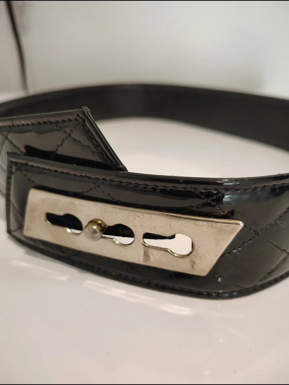 Vintage 80s Omega Black Quilted Patent Leather Belt with Silver-Tone Buckle